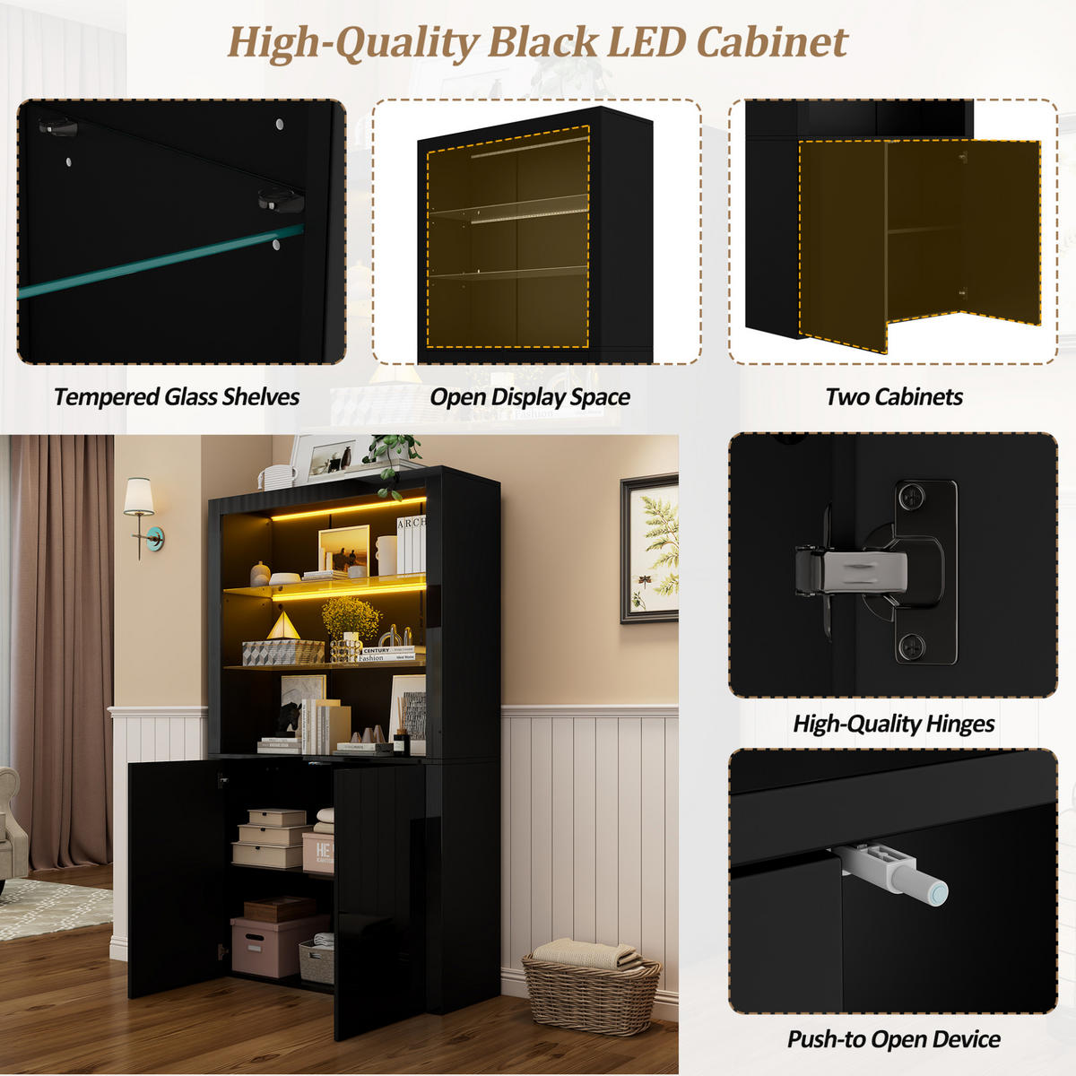 VITRINE 100/35/170 cm Schwarz aus MDF, Glas und Spanplatte mit LED - Schwarz, Holzwerkstoff (100/170/35cm) - OKWISH