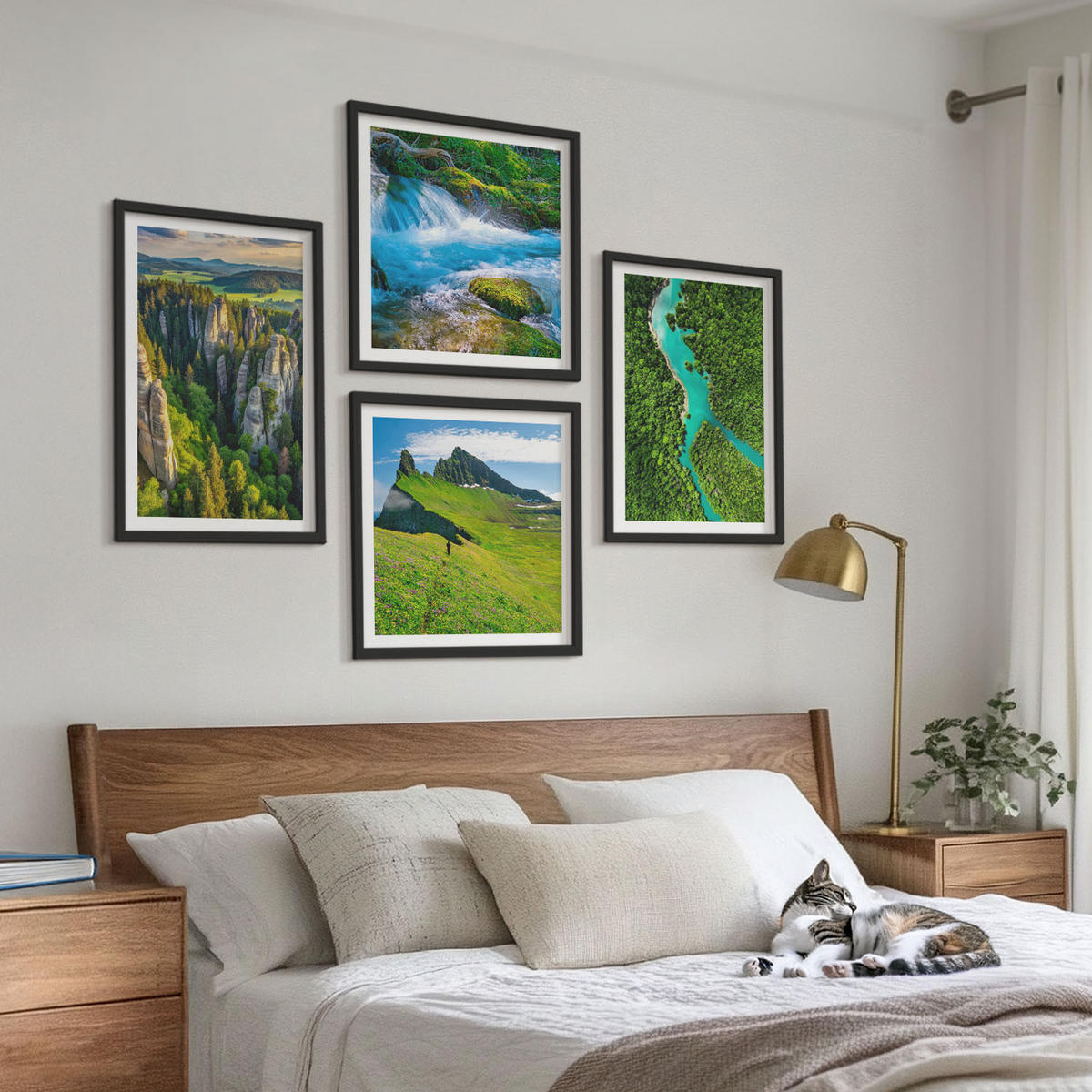 BILDER SET 4er Set - 50x50 cm & 40x60 cm Schwarzer Rahmen - Grüne Berge, Flussfelsen - Schwarz, Kunststoff (50/50cm) - TULUP