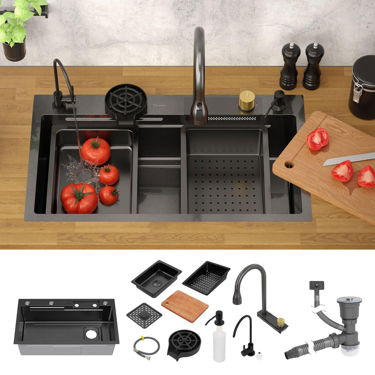 MULTIFUNKČNÍ DŘEZ 80 x 46 cm antracitový z nerezové oceli - antracitová, kov (80/22.5/46cm) - ML-DESIGN