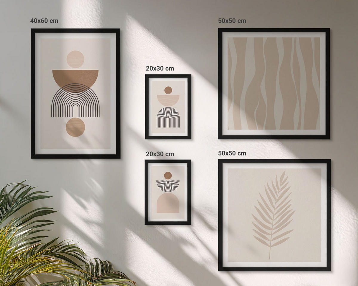 WANDBILDER 5er-Set - 50x50 cm & 20x30 cm & 40x60 cm Schwarzer Rahmen - Abstrakte Formen braun beige - Schwarz, Kunststoff (40/60cm) - ArtPrintCave