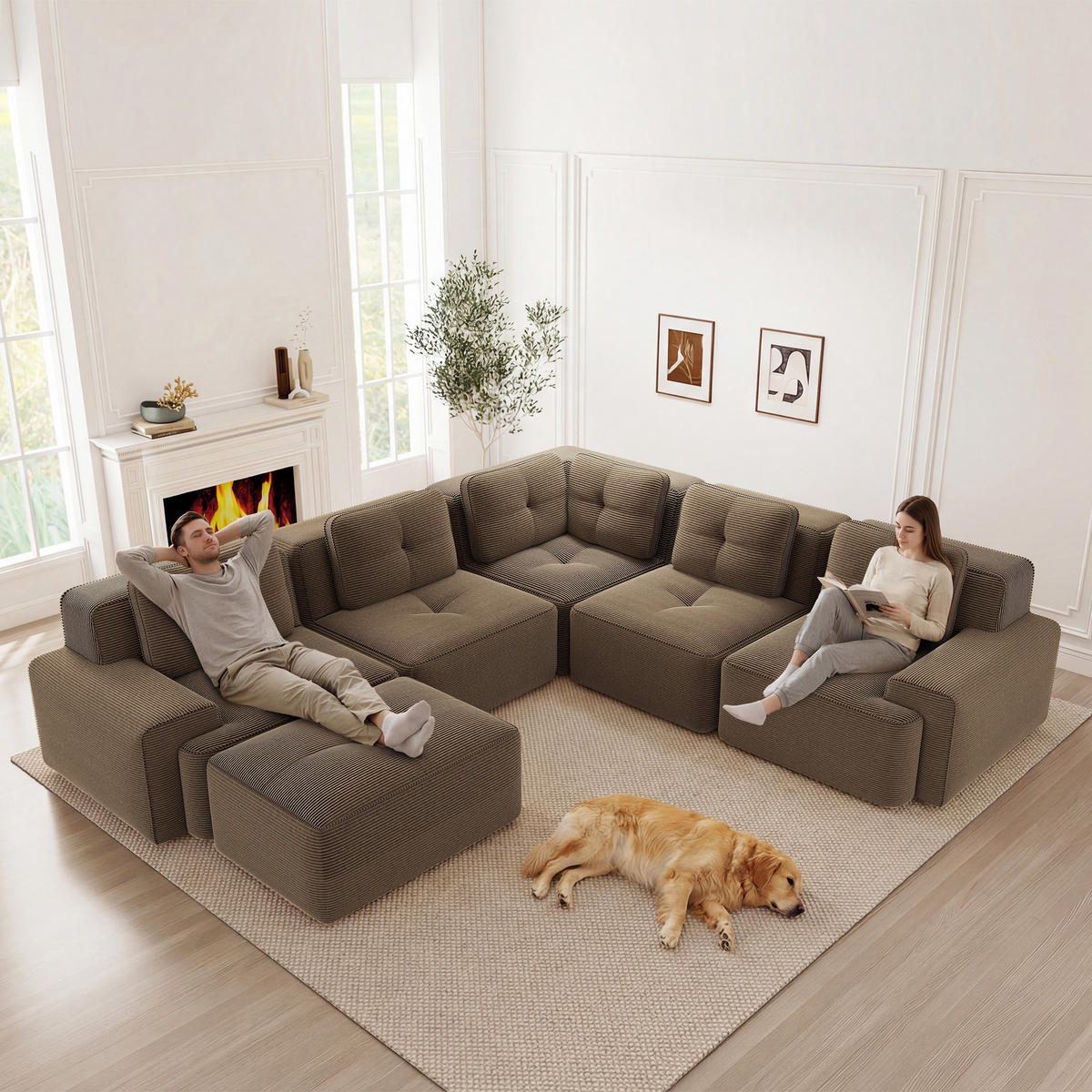 4-SITZER Sofa 386×177×69 cm Cordstoff rahmenlos modular mit 2 Ottomanes, braun - Braun, Textil (177/69/386cm)