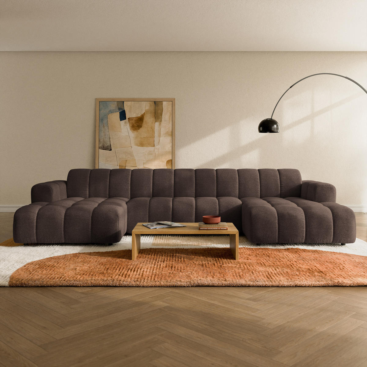 WOHNLANDSCHAFT AENIS Braun Strukturstoff - Braun, Holz (398/85/165cm) - MASSENO