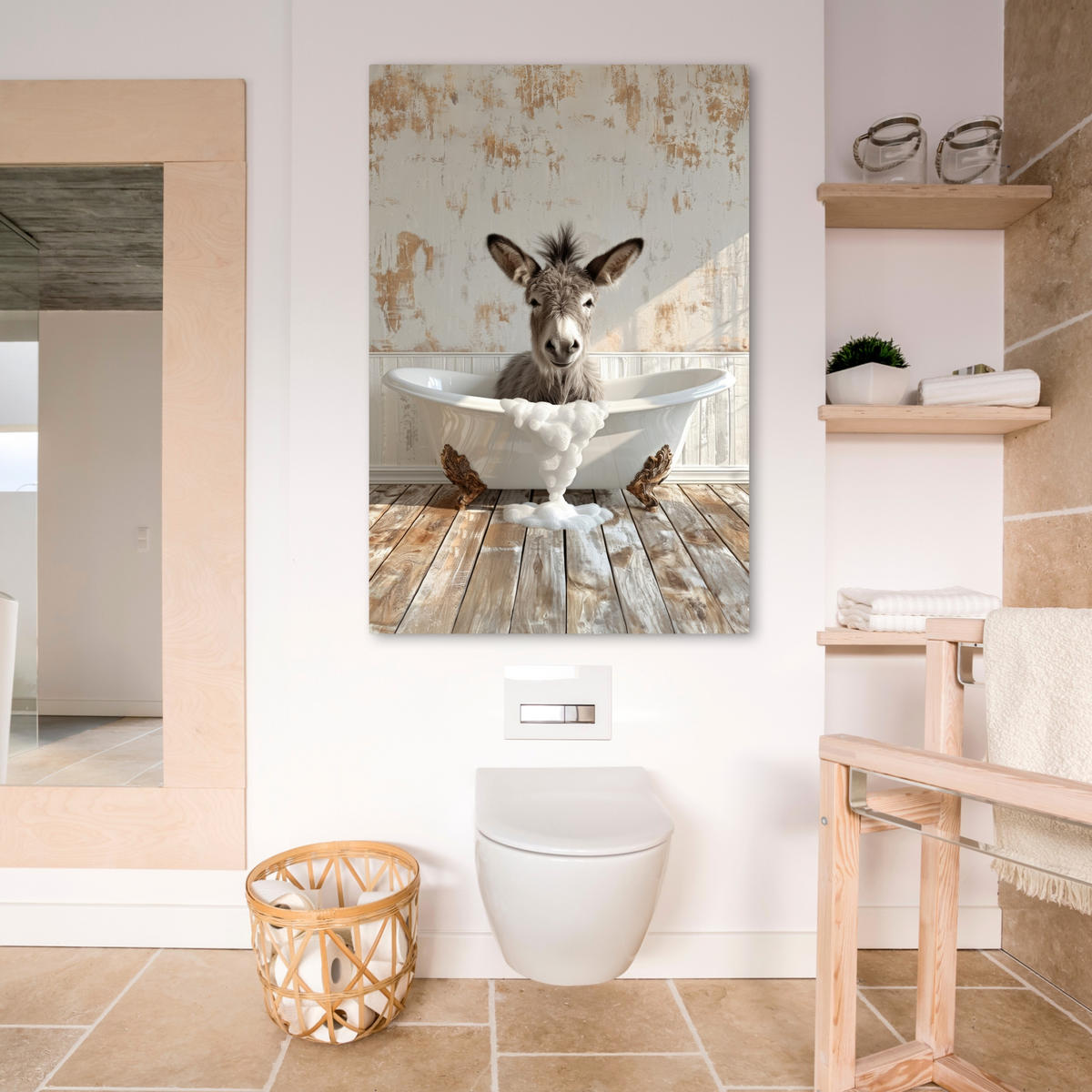 LEINWANDBILD Esel - Tiere - Badewanne - Schaumstoff 80x120 cm - Weiß, Textil (80/120cm) - MuchoWow