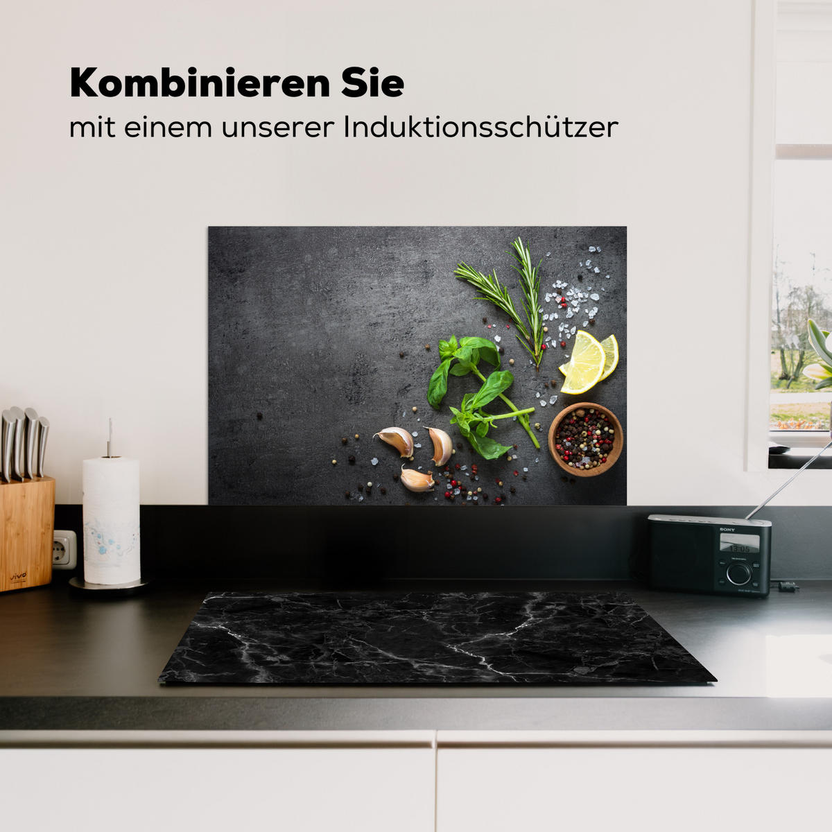 SPRITZSCHUTZ KÜCHE Limette - Kräuter - Gewürze - Grün - Grau - Beton 70x50 cm - Grün, Metall (70/0.3/50cm) - MuchoWow