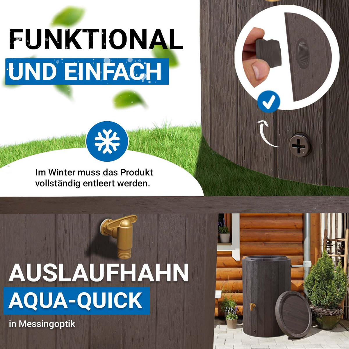 REGENTONNEN Komplett-Set 220 L braun inkl. Kunststoff-Auslaufhahn und Fallrohranschluss - Braun, Kunststoff (57/93/59cm) - 4rain
