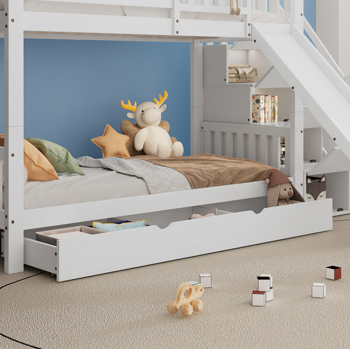 HAUSBETT 90/200 cm mit Treppe und Rutsche in Hausoptik Weiß - Weiß, Holzwerkstoff (90/200cm) - BEAOK