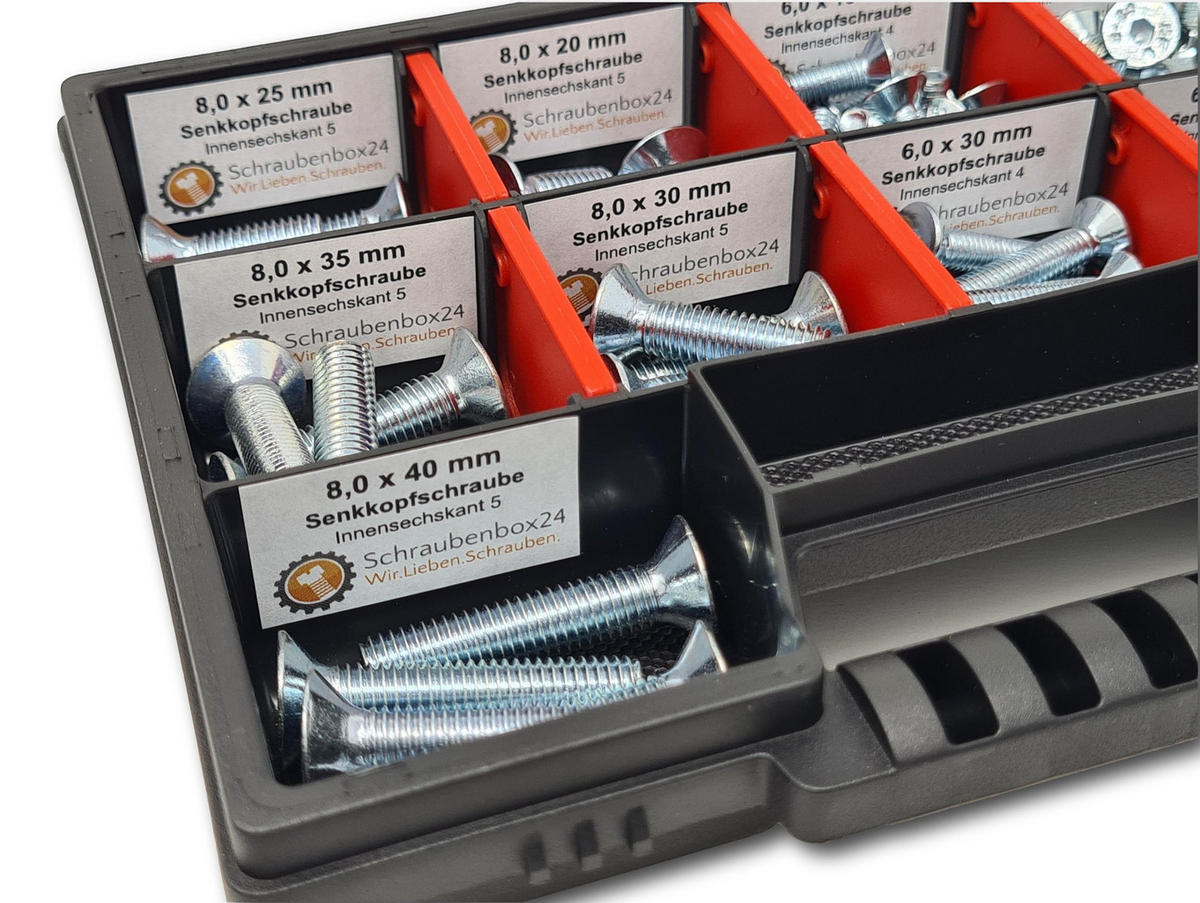 SECHSKANTSCHRAUBEN Sortiment M6-M8 // 10mm-40mm 105 tlg. Schraubenbox DIN 7991 / ISO 10642 - Zinkfarben, Metall (3.5cm) - Schraubenbox24