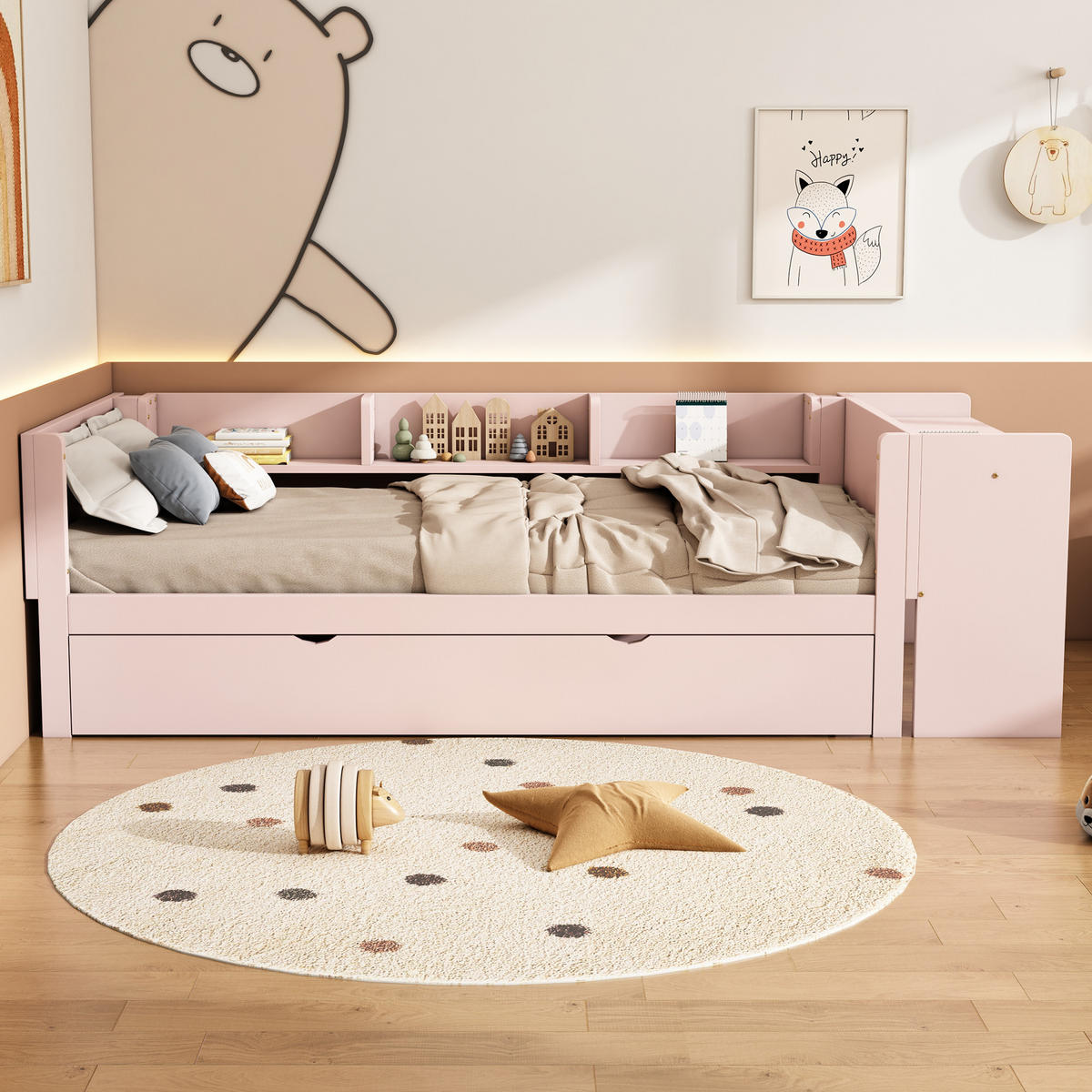 FLACHBETT 90x200cm Rosa mit Ausziehbett Schreibtisch 3 Regale - Pink, Holz (90/200cm) - FLIEKS