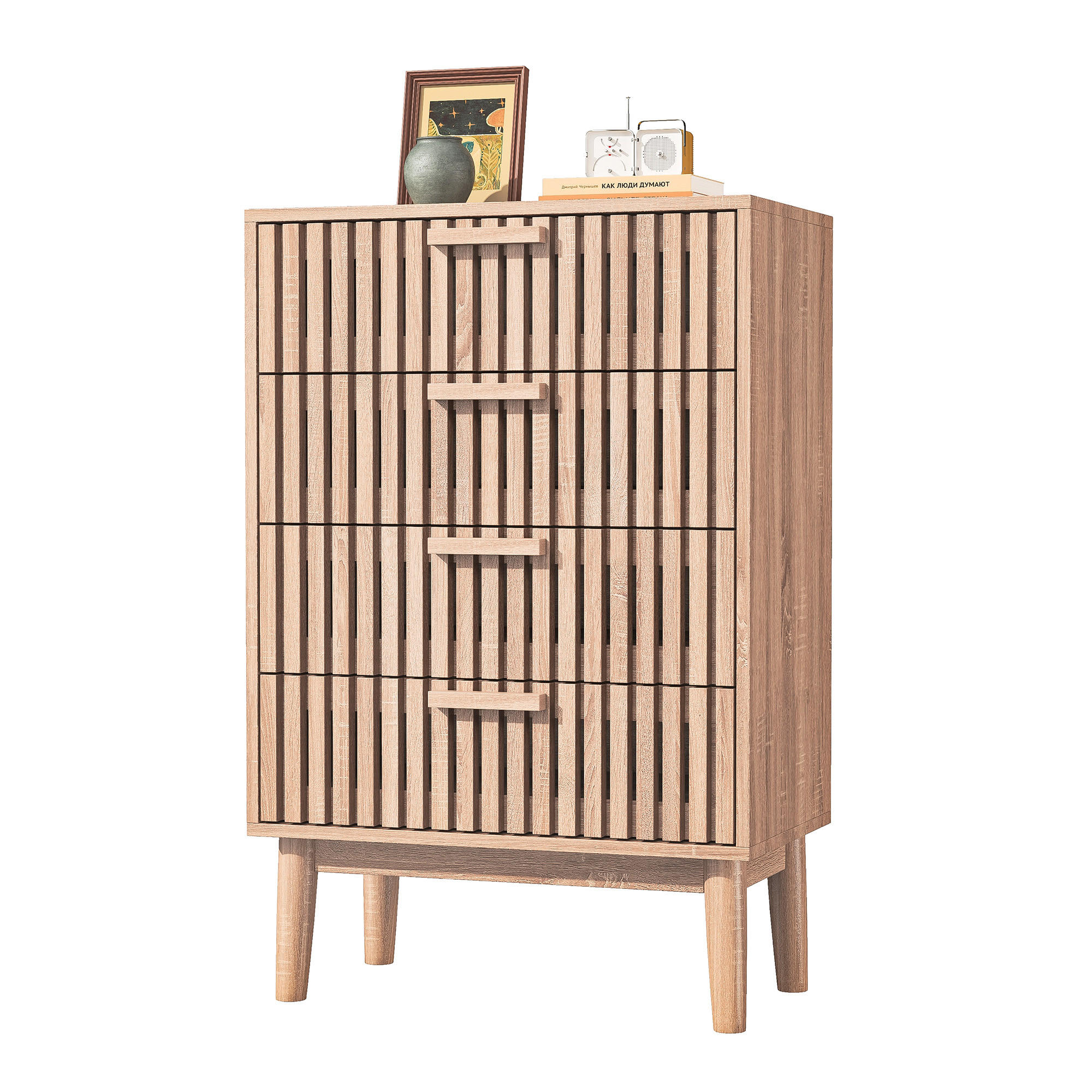 BYRÅ i ek-look med 4 lådor och art déco-front Naturfärgad 91/34/60 cm