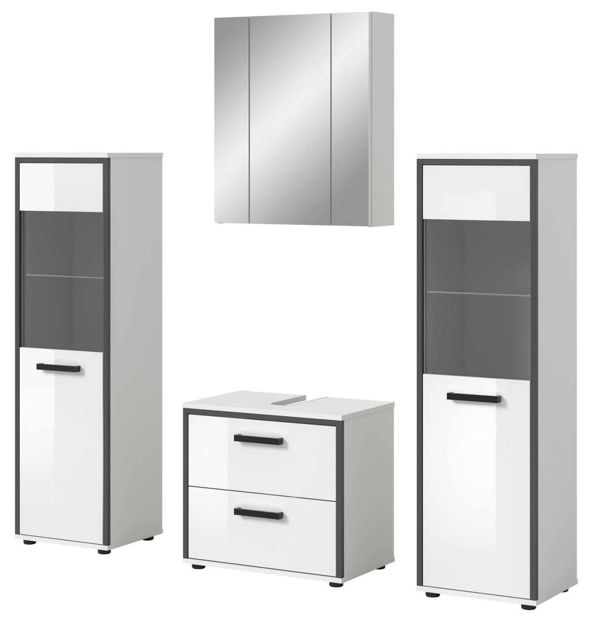 BADMÖBEL-SET 4-teilig 170 cm weiß Hochglanz, grau, Badezimmerschränke mit viel Stauraum - Weiß Hochglanz/Schwarz, Glas/Holzwerkstoff (170/190/37.5cm) - Inn.Furn