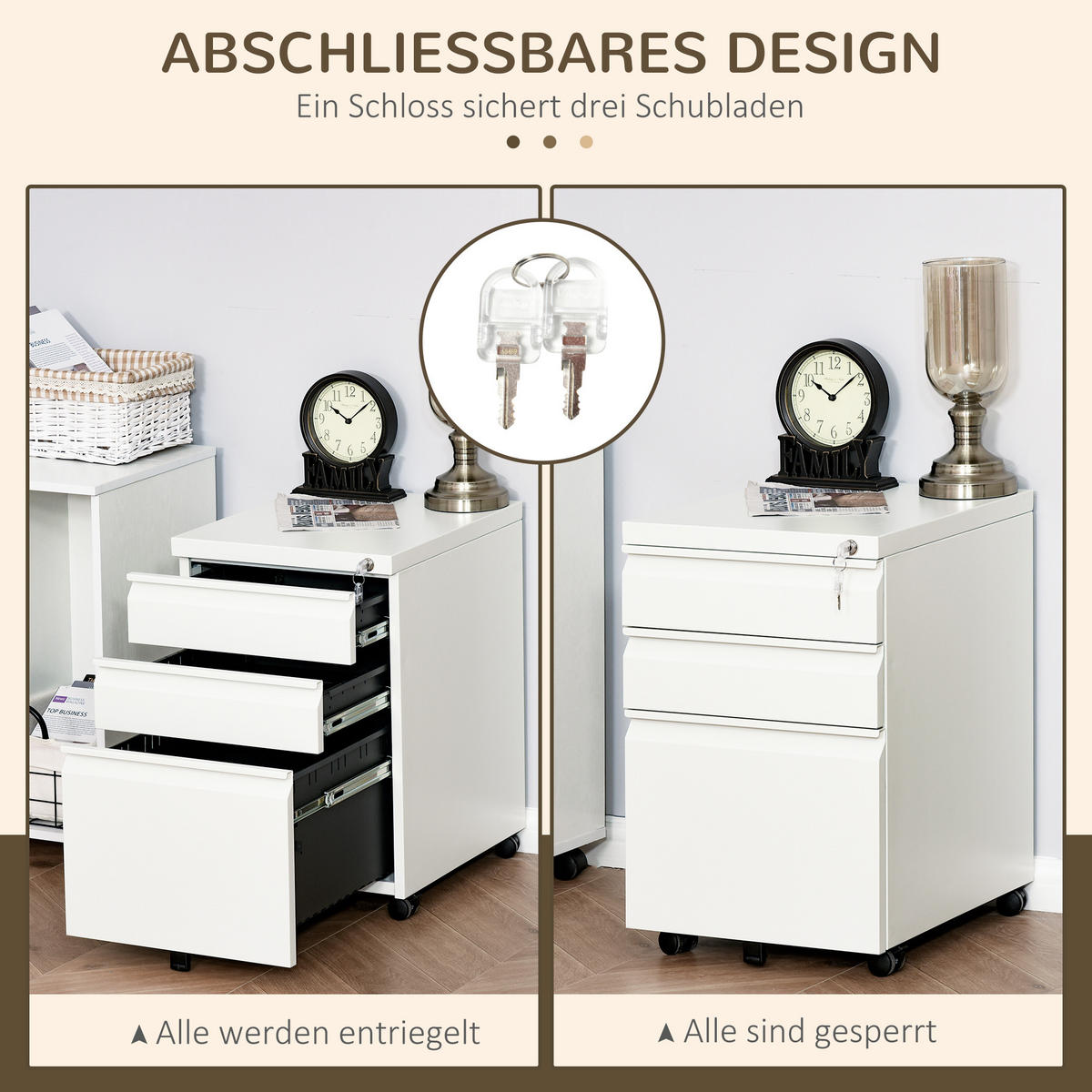 AKTENSCHRANK mit Rädern, konkavem Griff, für Home-Office, Stahl, Weiß - Weiß, Metall (48/60/39cm) - Vinsetto