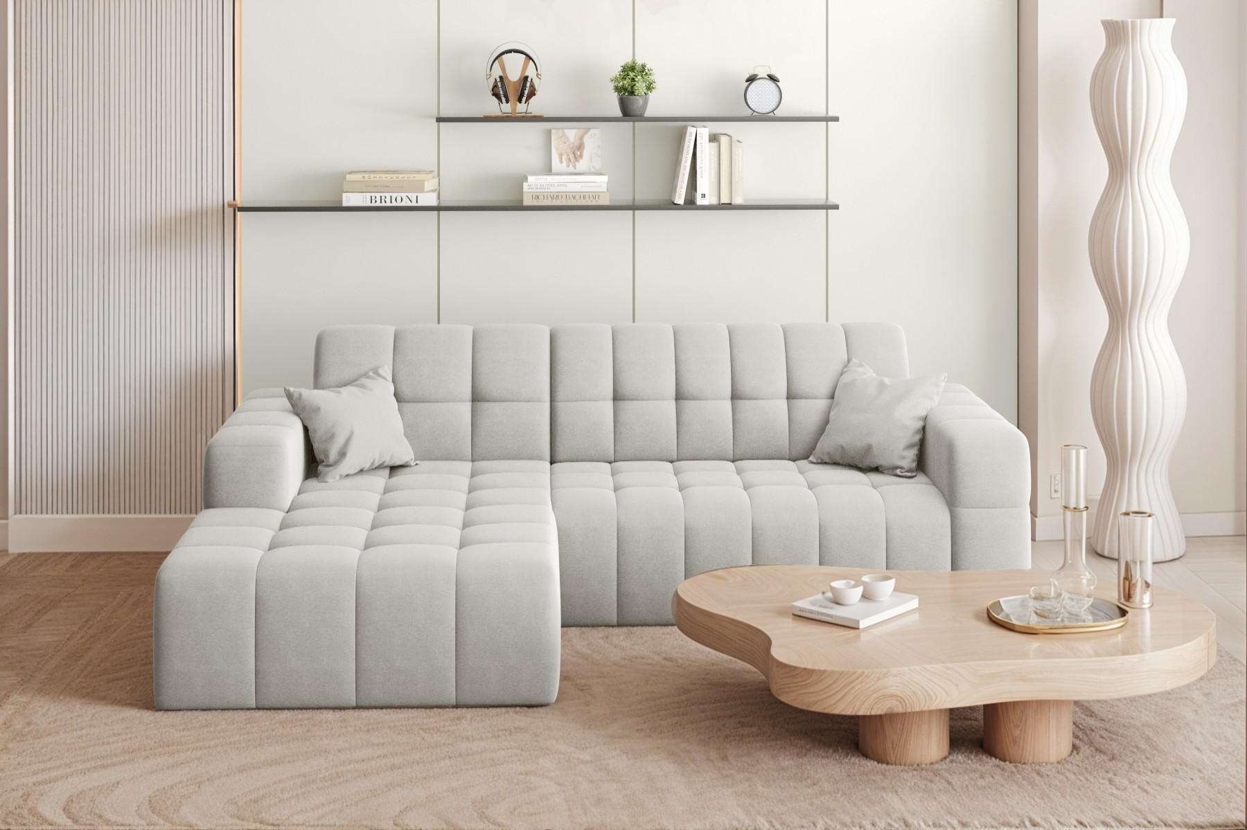 ECKSOFA L-förmiges Nimes Velours Stoff Weiß Links - Weiß, Holz/Kunststoff (168/265cm) - Kaiser Möbel