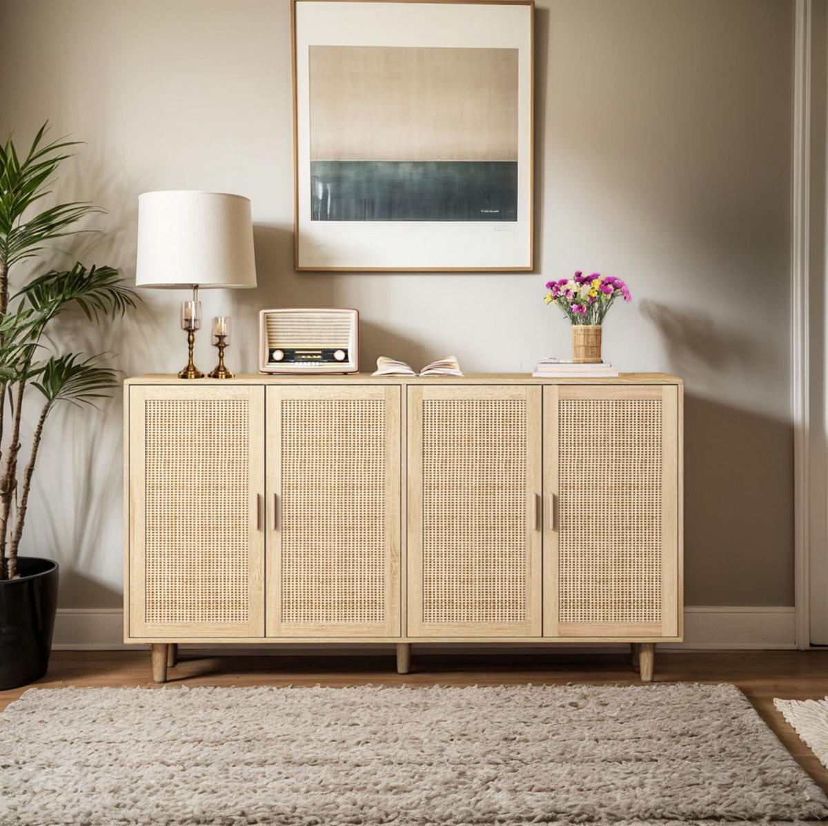 SIDEBOARD 158/40/88 cm aus Spanplatte mit 4 Rattantüren und verstellbarem Einlegeboden, Natur - Naturfarben, Holzwerkstoff (158/88/40cm) - Redom