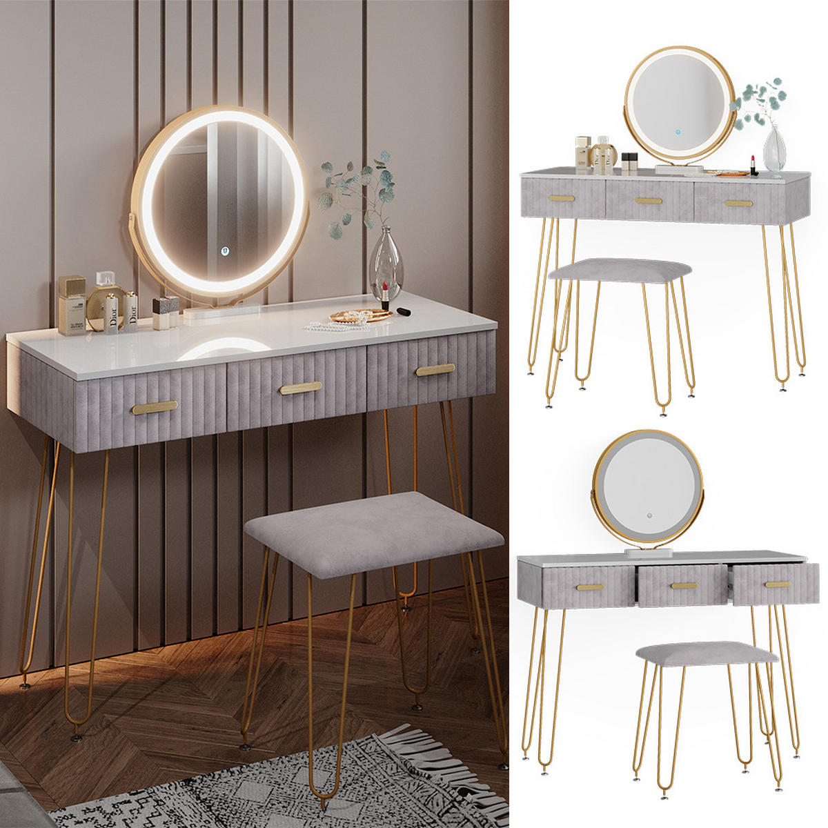 SCHMINKTISCH Layla Grau 100 cm mit LED Beleuchtung und Hocker - Grau, Holzwerkstoff (100/79/40cm) - Vicco