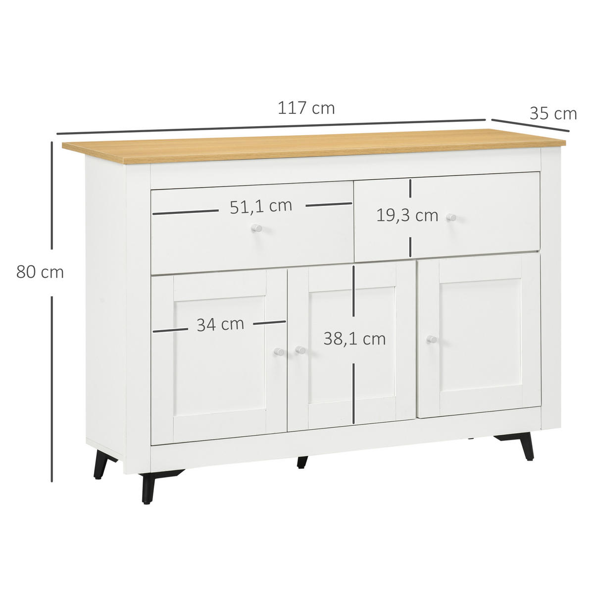 SIDEBOARD DE-11159 2 Schubladen & 3 Türen mit verstellbarem Boden Weiß - Weiß, Holzwerkstoff (117/80/35cm) - ComfortXL
