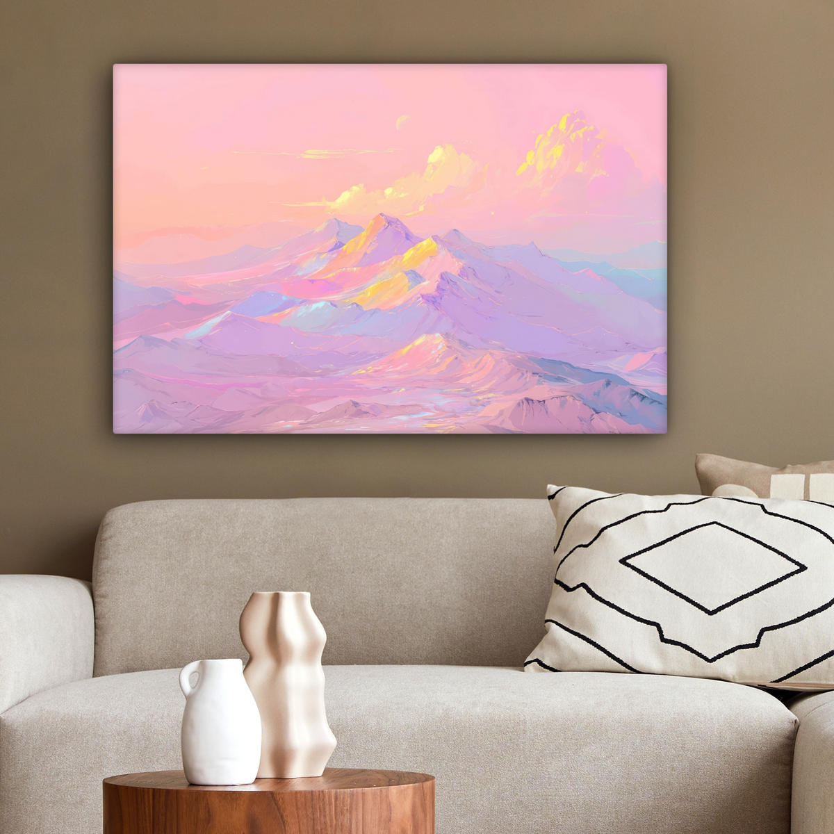 LEINWANDBILD Berggipfel - Wolken - Verträumt Wanddeko 90x60 cm - Hellrosa, Textil (90/60cm) - MuchoWow