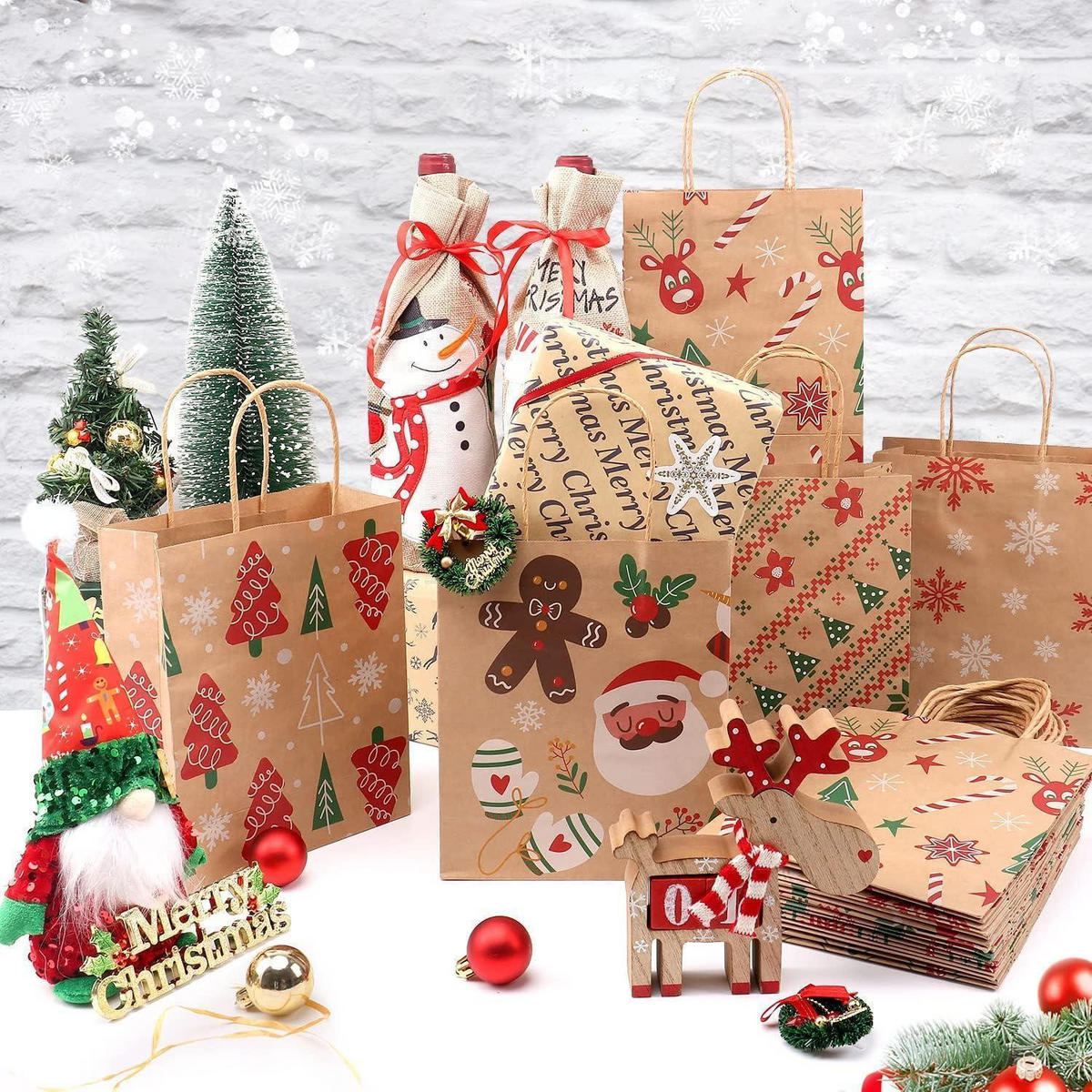 GESCHENKTÜTEN 24-teiliges Set Kraftpapier Weihnachten mit Henkel 23 cm - Multicolor, Papier (18.5/8.5/23cm)