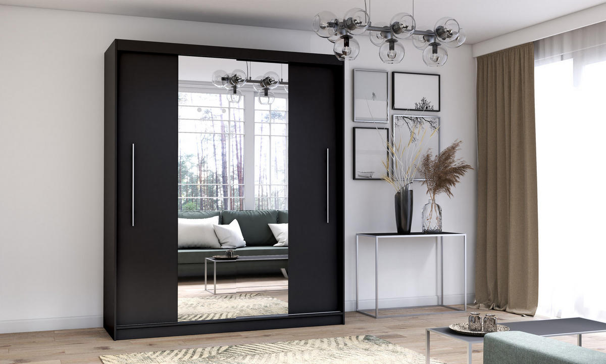 SCHIEBETÜRENSCHRANK - NICO 01 Schwarz - Schwarz, Holzwerkstoff/Metall (204/218/58cm) - Möblo