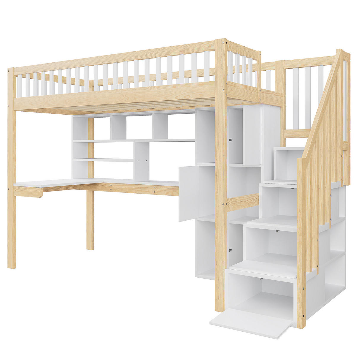HOCHBETT aus Kiefernholz und MDF 90x200 cm Weiß/Natur mit LED-Beleuchtung, Stauraumleiter und Schreibtisch - Weiß, Holzwerkstoff (90/200cm) - IVMEU