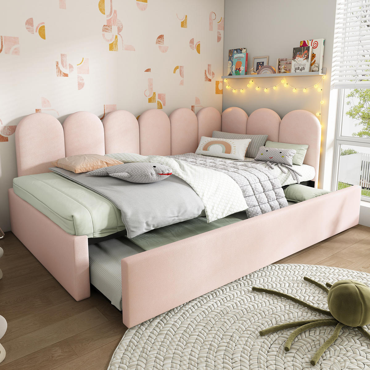 POSTEL 97/203/76 cm růžová sametová s výsuvným lůžkem - růžová, textil (90/200cm) - BEAOK