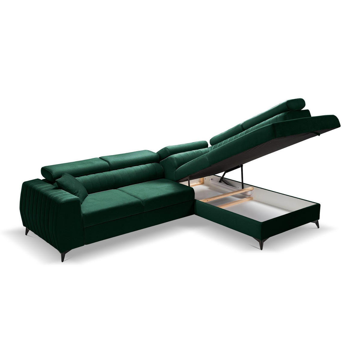 ECKSOFA PIERO L Rechts mit Schlaffunktion 195x125 Velours Dunkelgrün - Dunkelgrün/Schwarz, Holz/Textil (203/268cm) - Muffo