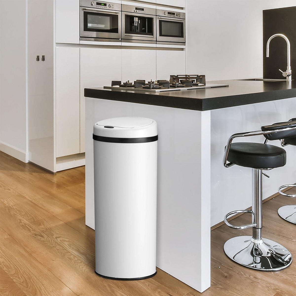 MÜLLEIMER rund 50L weiß mit Sensor - Weiß, Metall (31/77/31cm) - Juskys