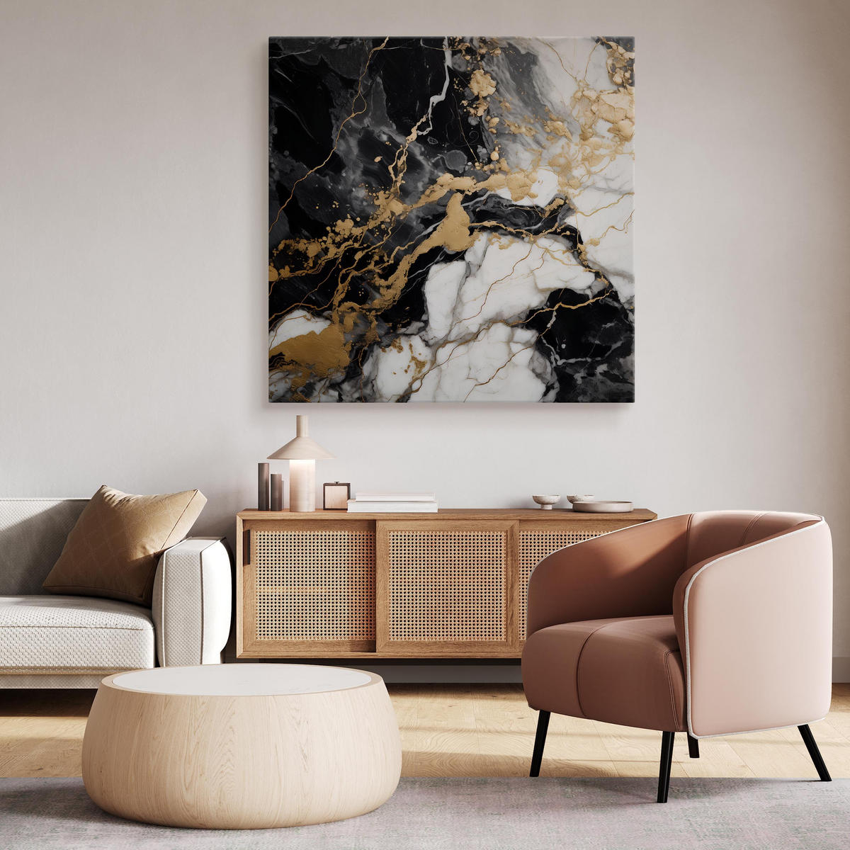 LEINWANDBILD Marmor Muster Abstraktion Glamour 70x70 - Beige/Schwarz, Textil (70/70cm) - Muralo