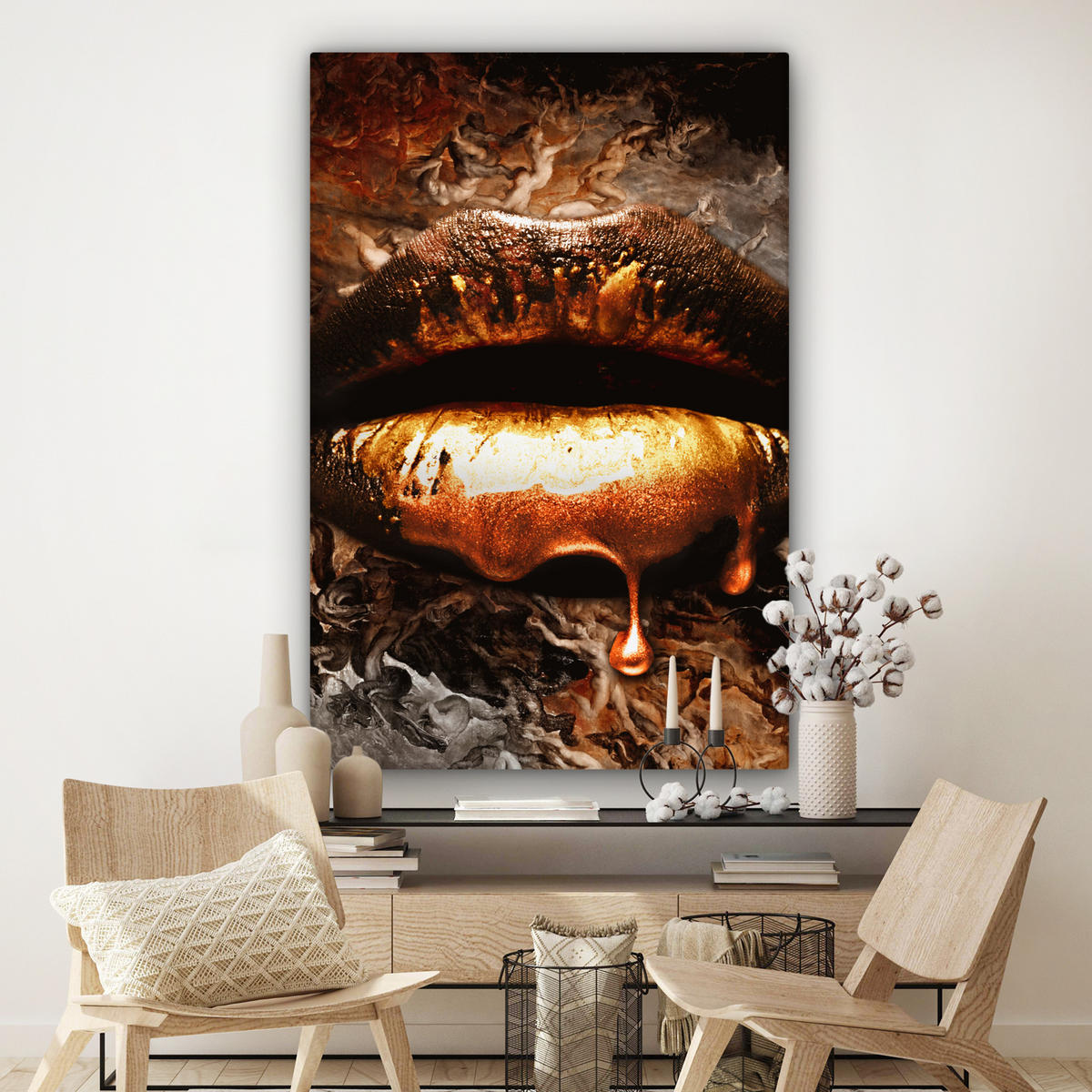 OBRAZ NA PLÁTNĚ Zlato - Rty - Umění - Zlato - Luxus - Abstraktní 90x140 cm - měděná, textil (90/140cm) - MuchoWow