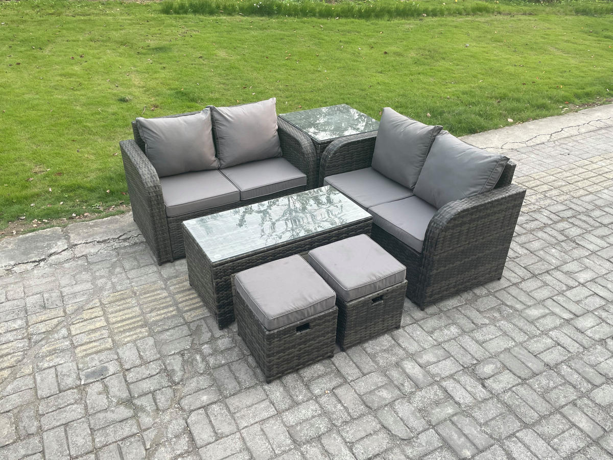 GARTENSOFA SET mit 2 HOCKER COUCHTISCH Polyrattan 6-Sitzer - Dunkelgrau/Grau, Glas/Kunststoff - Fimous