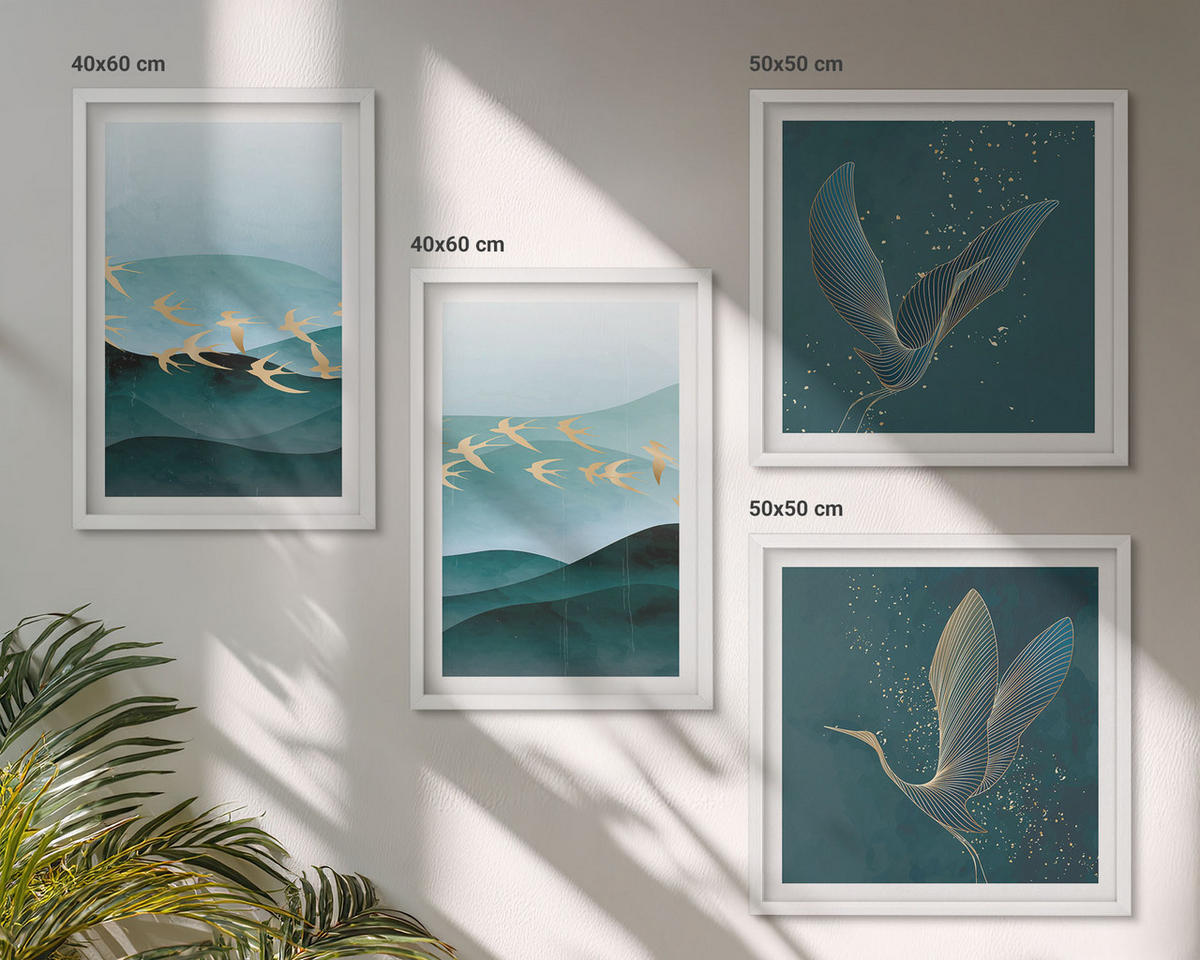 BILDER SET 4er Set - 50x50 cm & 40x60 cm Weißer Rahmen - Abstrakte Landschaften von Vogelwellen - Weiß, Kunststoff (50/50cm) - TULUP