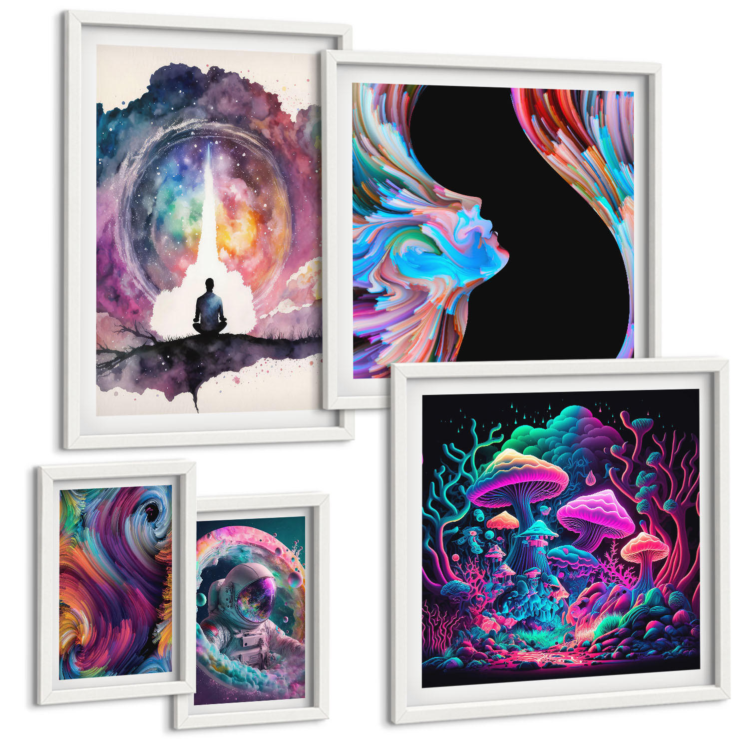 BILDER SET 5er Set - 50x50 cm & 20x30 cm & 40x60 cm Weißer Rahmen - Farbenfrohe Fantasy-Kunstillustrationen - Weiß, Kunststoff (40/60cm) - TULUP