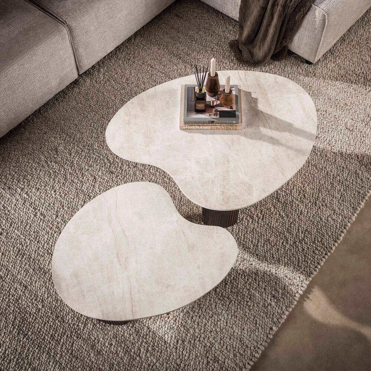 COUCHTISCH Set CERAMO APERTO 2-tlg. organisches Design-Set mit 3D-Keramikplatte - Dunkelbraun/Beige, Keramik (102/80/35cm) - alesvelt