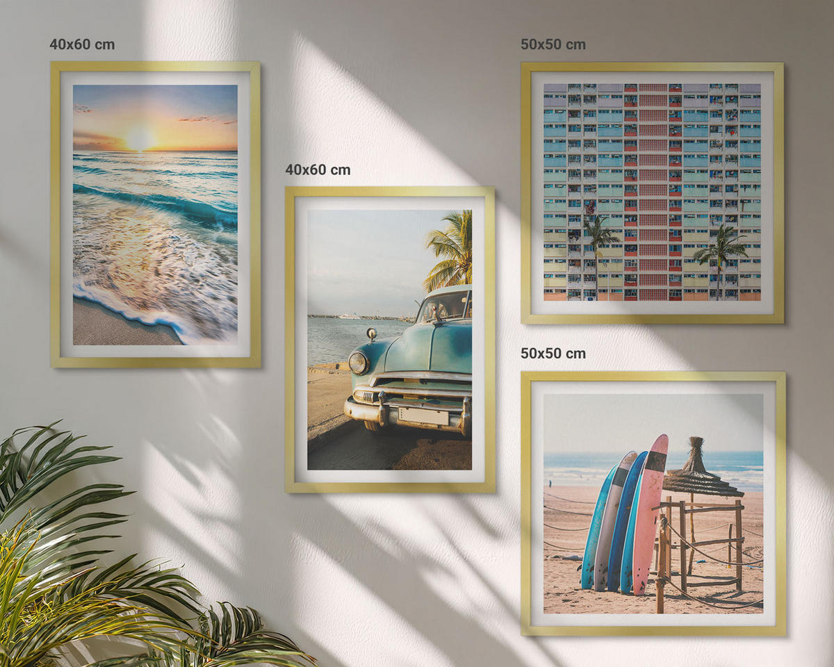 BILDER SET 4er Set - 50x50 cm & 40x60 cm Goldrahmen - Sonnenuntergang in Miami - Goldfarben, Kunststoff (50/50cm) - TULUP