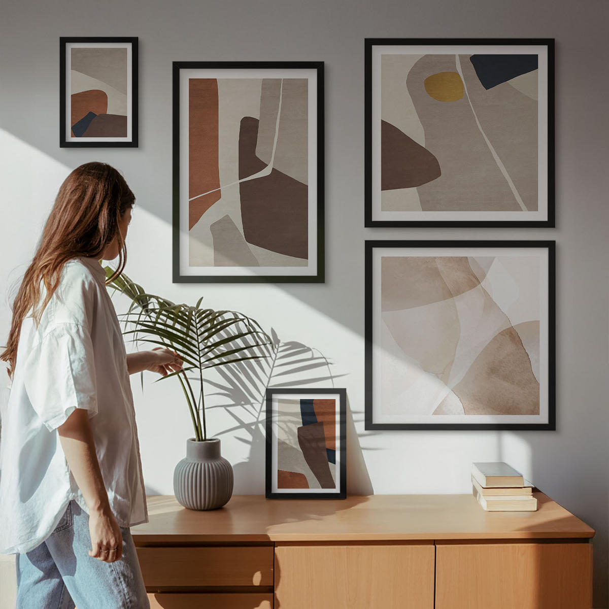 WANDBILDER 5er-Set - 50x50 cm & 20x30 cm & 40x60 cm Schwarzer Rahmen - Abstrakte moderne Formen - Schwarz, Kunststoff (40/60cm) - ArtPrintCave
