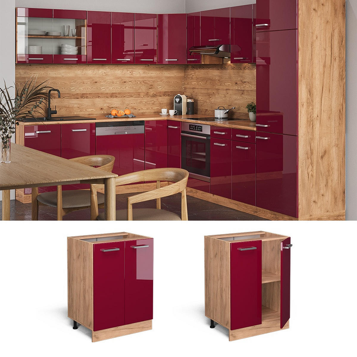KÜCHENUNTERSCHRANK R-Line Rot Hochglanz 60 cm , AP Eiche - Honigeiche/Rot, Holzwerkstoff (60/81.6/60cm) - Vicco