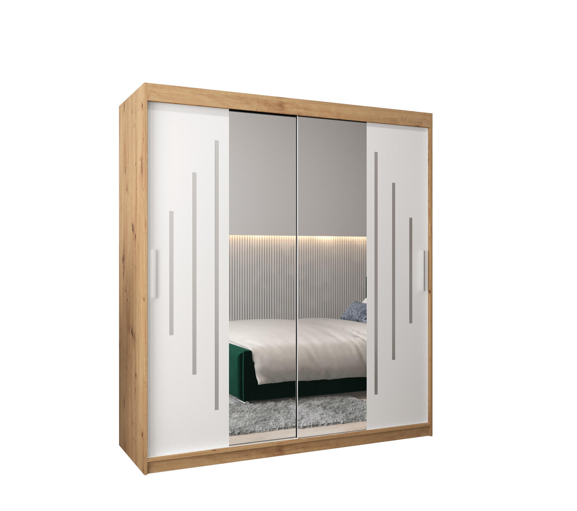 Abiks Möbel Schwebetürenschrank Eiche Artisan, Weiß 180x200x62 cm