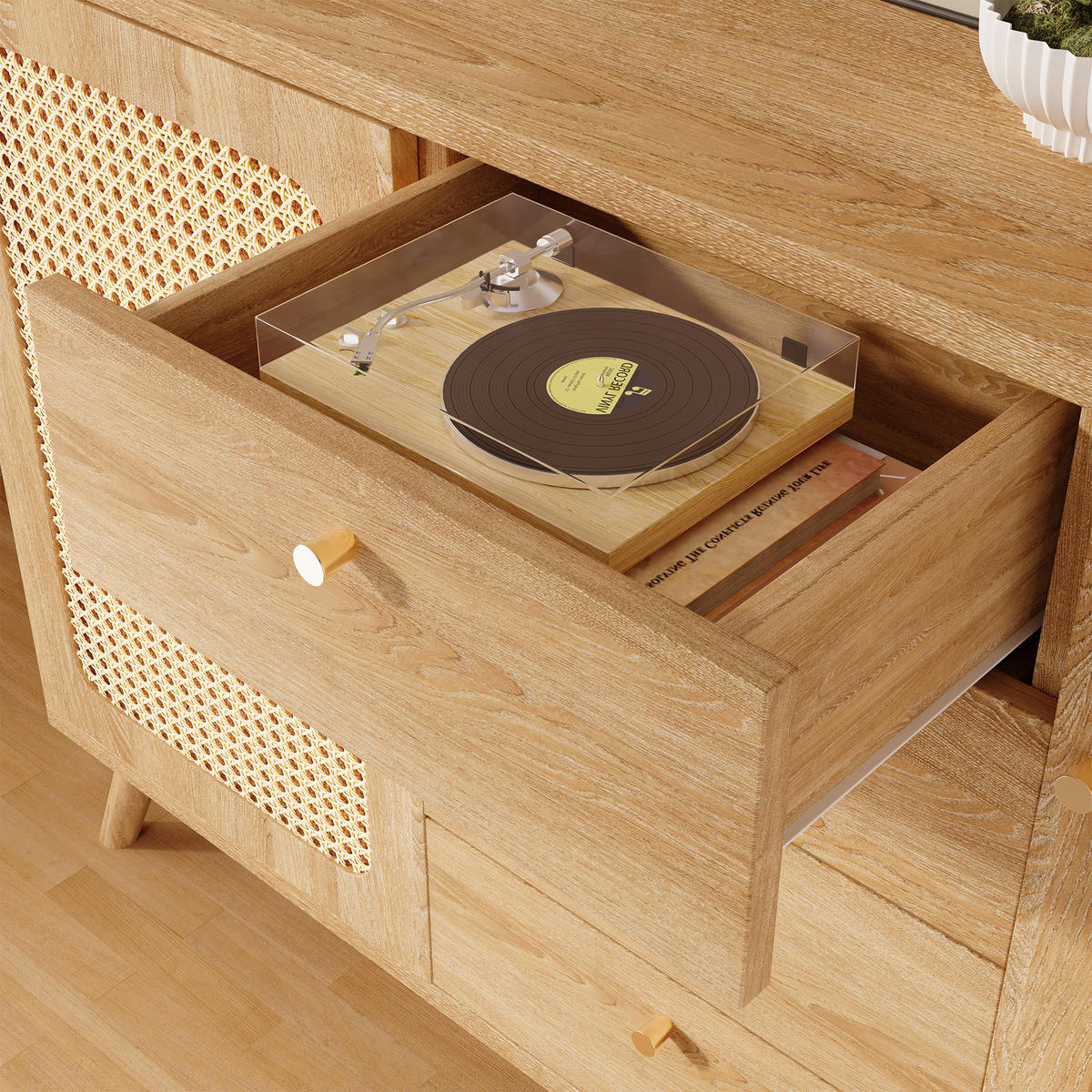SIDEBOARD 140x40x86 cm Helle Eiche mit Rattan und Schubladen - Eichefarben, Holz (140/86/40cm) - FLIEKS