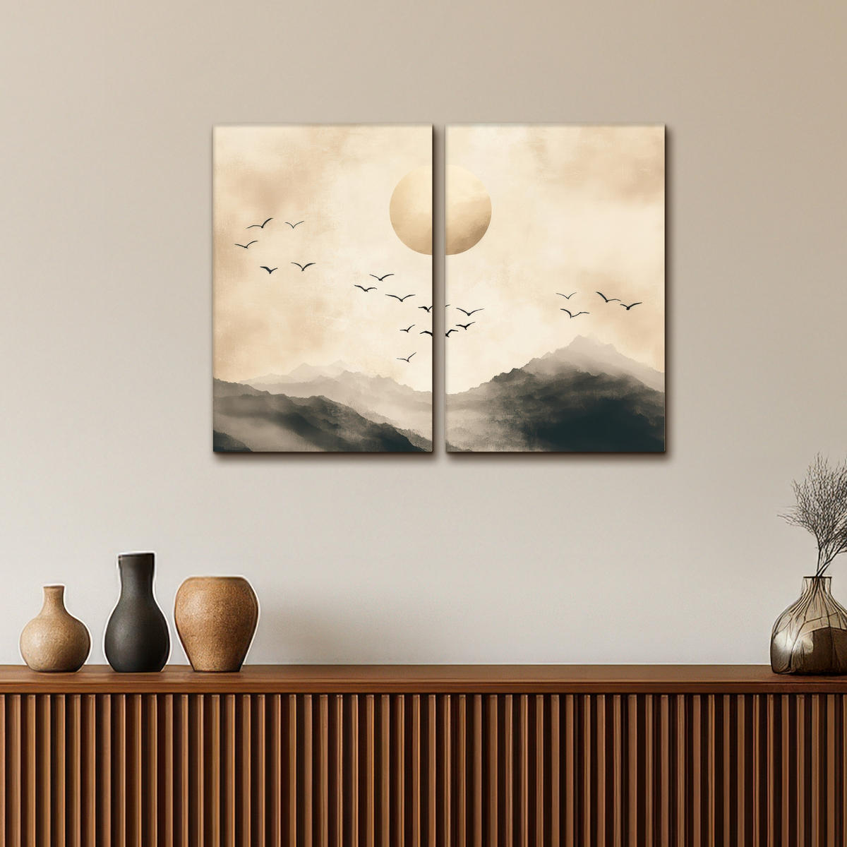 LEINWANDBILD 2er Set Landschaft - Japandi - Beige - Vögel 80x60 cm - Beige, Textil (80/60cm) - MuchoWow