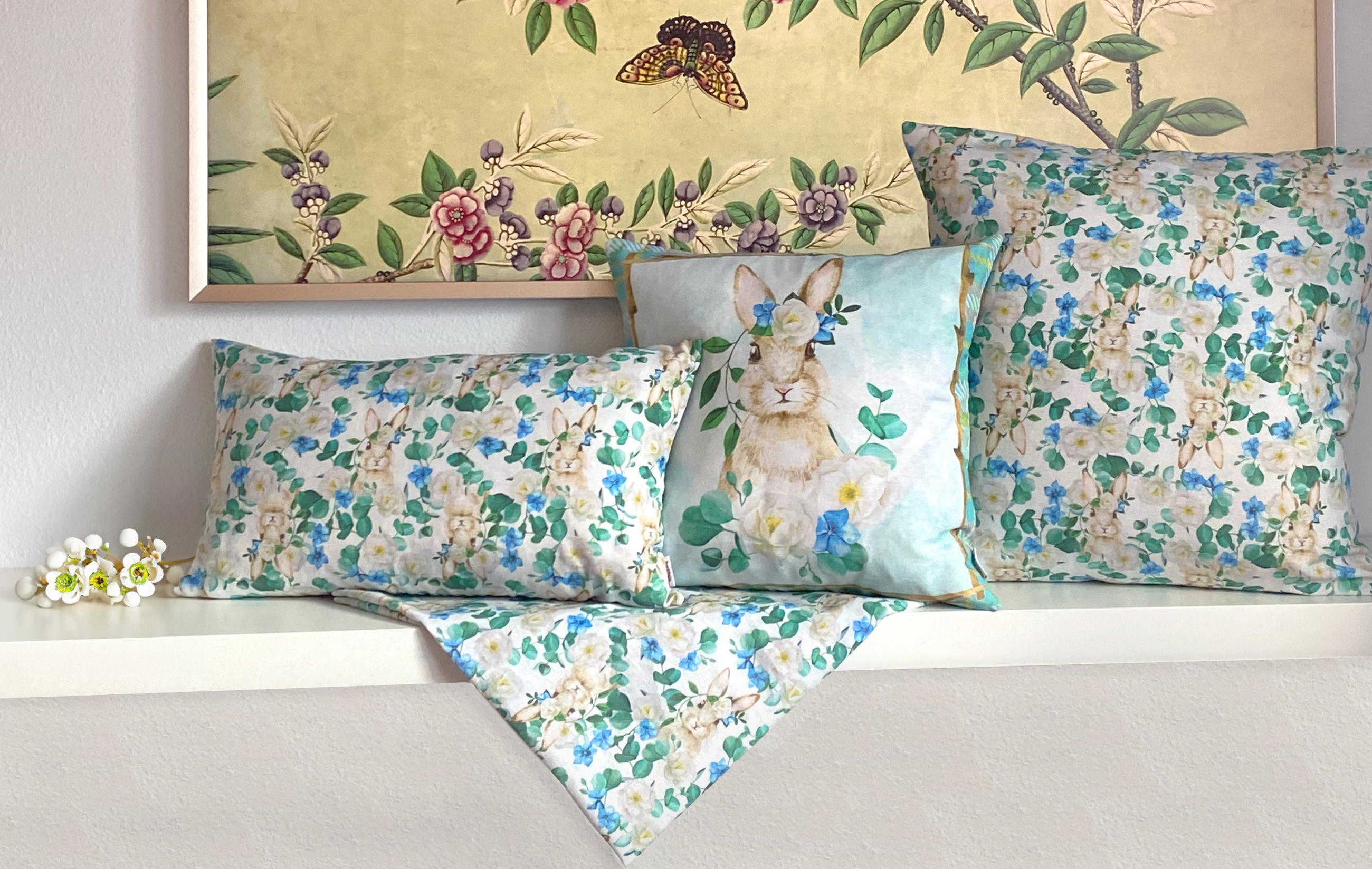 KISSENHÜLLE Hase Josefine romantisches Landhaus Design Kaninchen Alloverdruck 30/50 cm - Multicolor/Weiß, Textil (30/50cm) - beties Heimtextil