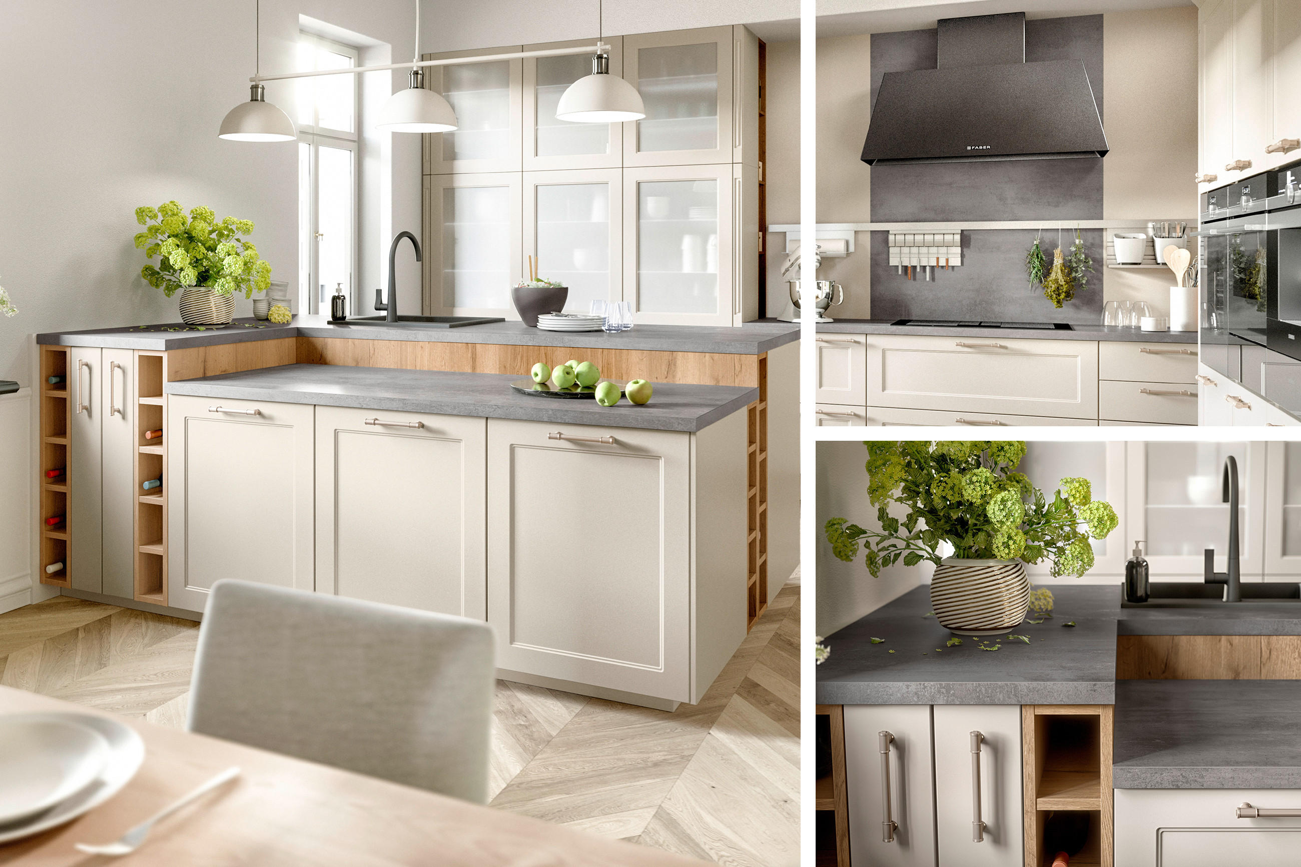 Collage mit drei Detailbildern einer Landhausküche die mit Naturfarben in Kombination mit Detailreichen Wohnaccessoires eine romantische Stimmung erzeugt.