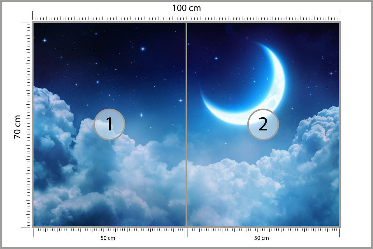 FOTOTAPETE für Schlafzimmer Himmel Wolken Mond Sterne 100x70 - Blau/Dunkelblau, Papier (100/70cm) - Muralo