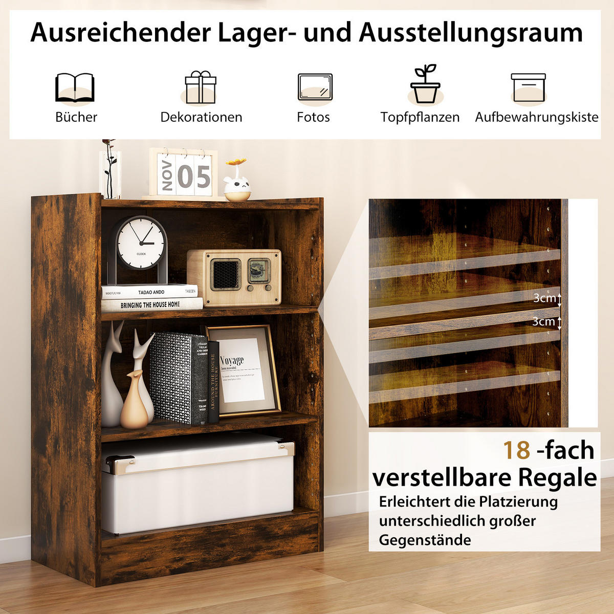 BÜCHERREGAL Braun - Braun, Holz (30/75/50cm) - COSTWAY