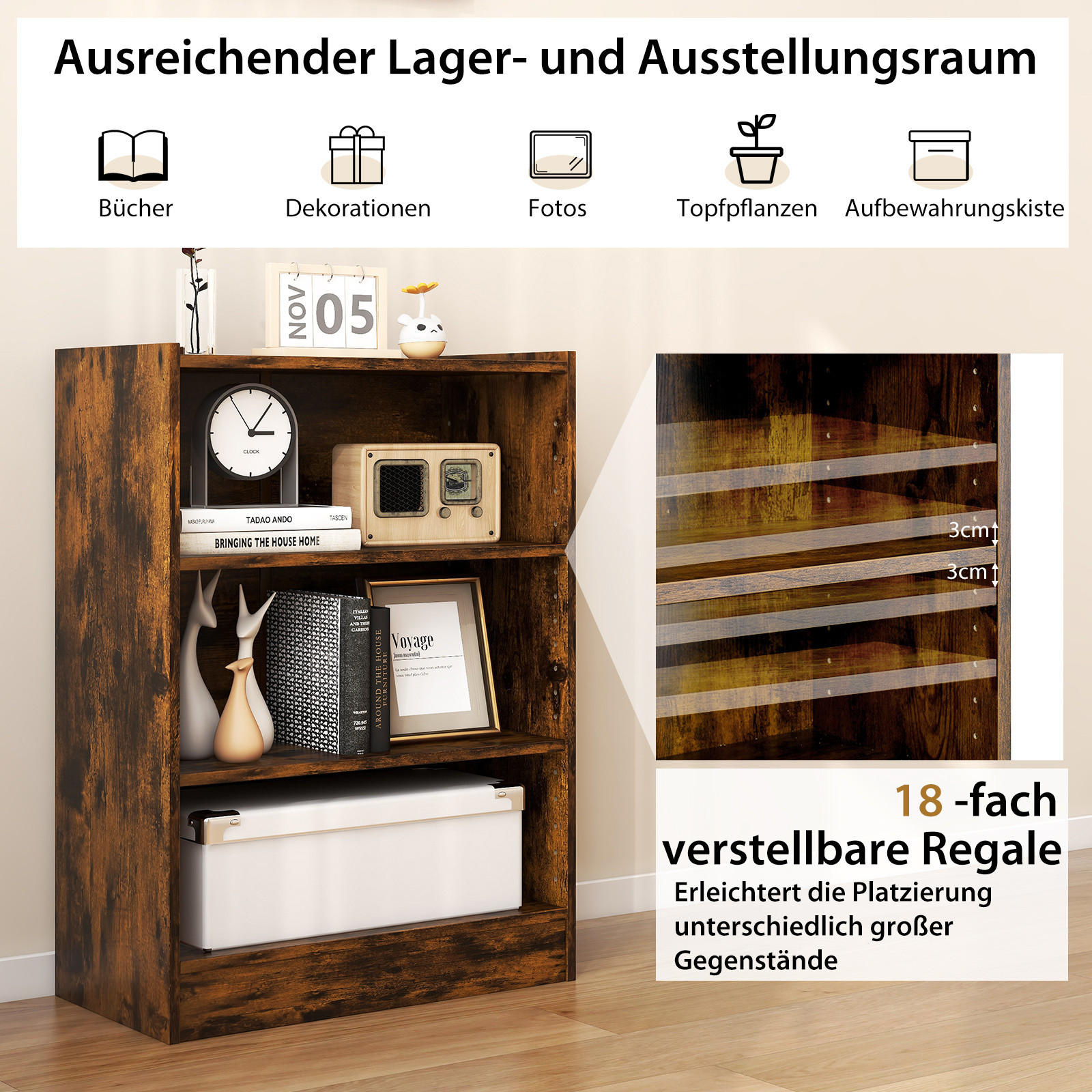 Thumbnail - Costway Bücherregal, Braun, Holz, 30x75x50 cm, Wohnzimmer, Regale, Bücherregale