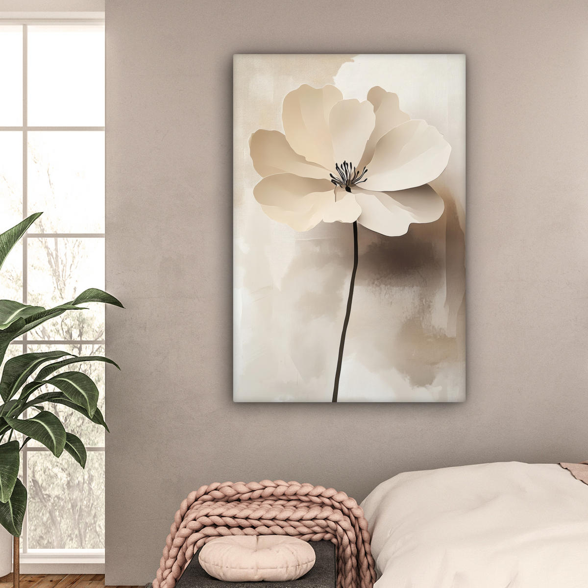 LEINWANDBILD Blume - Beige - Farbe - Schatten Deko Groß 90x140 cm - Creme, Textil (90/140cm) - MuchoWow