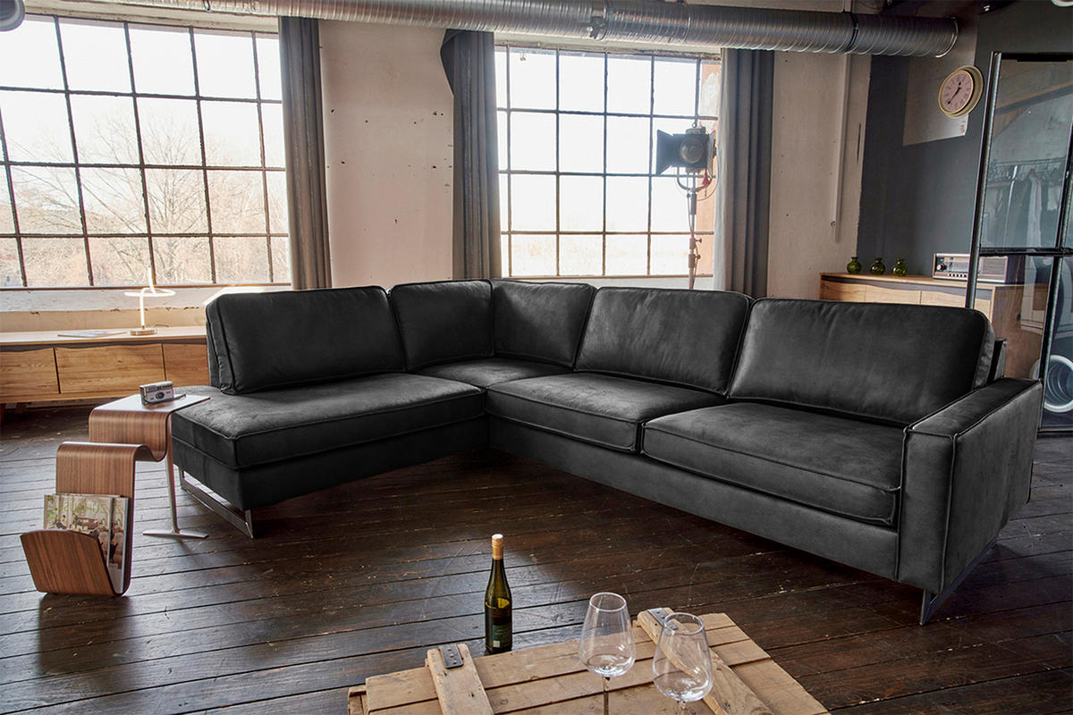 ECKSOFA VILNIUS Schwarz Lederfaserstoff - Schwarz, Leder/Metall (290/217cm) - KAWOLA