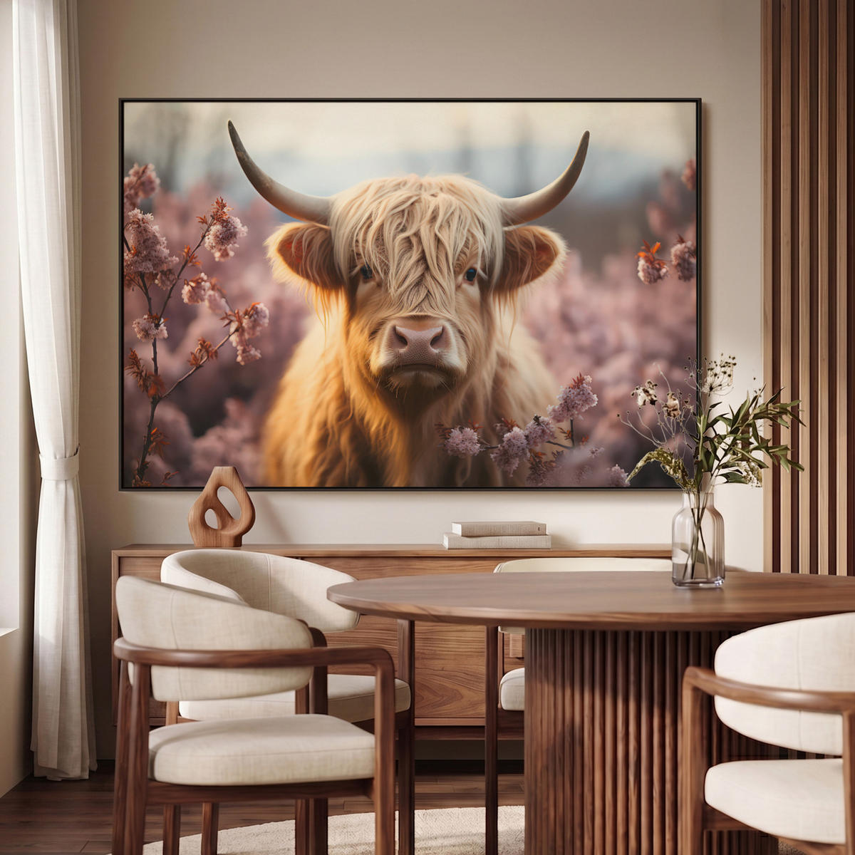 LEINWAND Bilder mit Rahmen - Schottischer Hochländer - Frühling - Hochland - 140x90 - Hellrosa, Textil (140/90cm) - MuchoWow