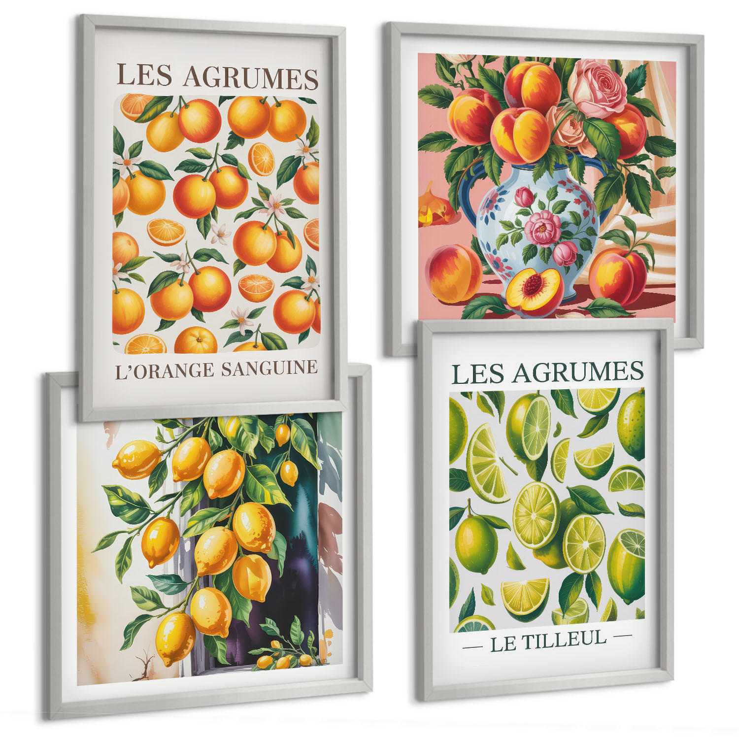 BILDER SET 4er Set - 50x50 cm & 40x60 cm Silberner Rahmen - Frische, farbenfrohe Zitrusfrüchte - Silberfarben, Kunststoff (50/50cm) - TULUP