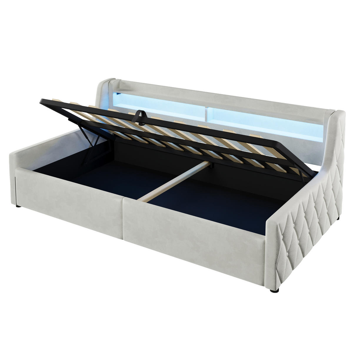 BETT mit Stauraum und LED 90x200 cm Off White - Weiß, Metall (90/200cm) - Meubliv