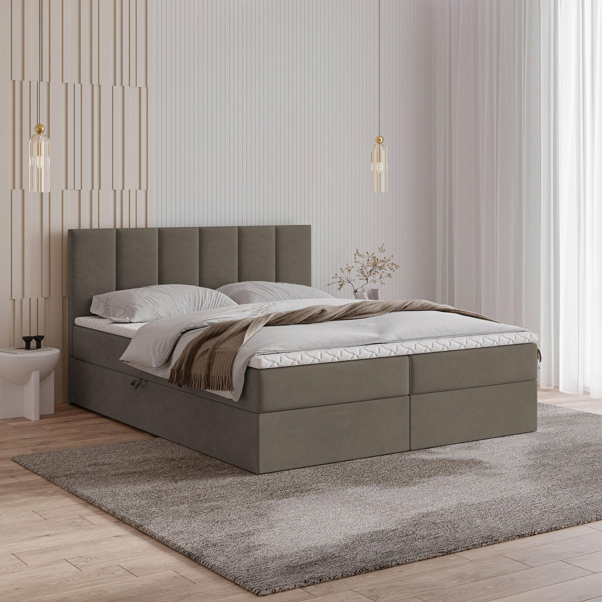 POSTEL BOXSPRING MERIL 180x200 cm, s matrací a úložným prostorem, hnědá - hnědá, kompozitní dřevo/textil (180/200cm) - MASSENO