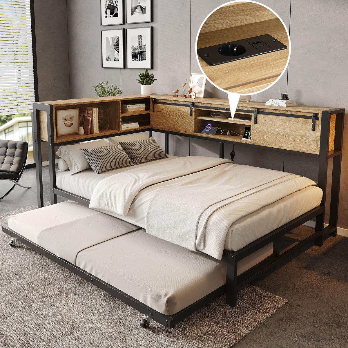AUSZIEHBETT 120/200/90/190 cm, DE-41728, in Schwarz/Natur - Schwarz, Metall (120/200cm) - ComfortXL